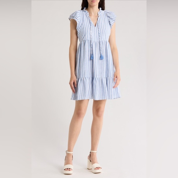NWT Eliza J Stripe Flutter Cap Sleeve Babydoll Dress - Picture 1 of 6